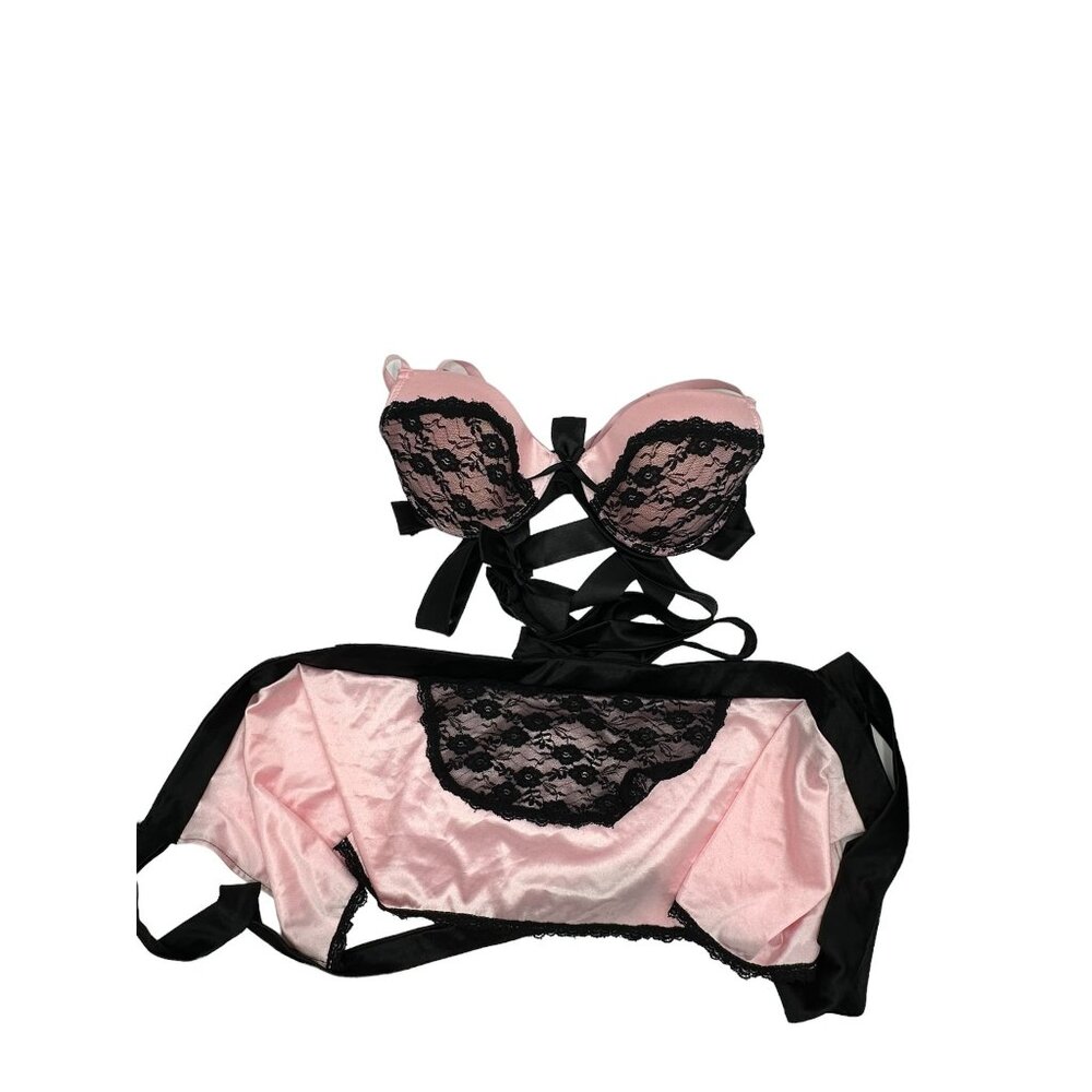 Pink & Black Lace Lingerie Set Bow Details Sexy‎ Intimate Wear Coquette